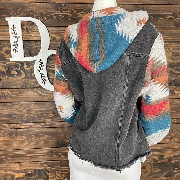 Multicolor Black Denim Jean Button Up Jacket Aztec Pattern Fleece Hoodie - Picture 7 of 7